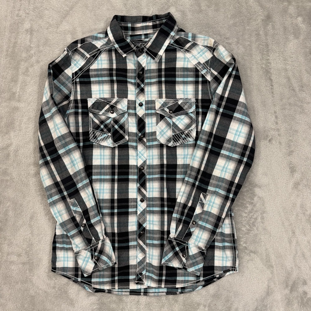 Buckle Black Shirt Mens XL Blue Black White Western Pearl‎ Snap Chest Pockets